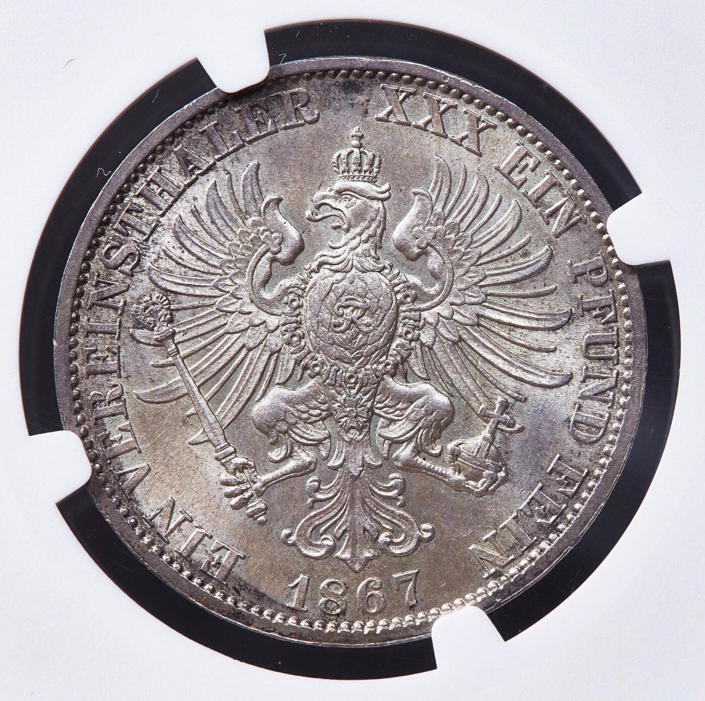 【俄甄集藏】马年新春第一拍 2026年(048)02-25星期三 晚 19:30 全场包邮 德国普鲁士1867年威廉一世A版国徽1泰勒银币，NGC MS63，名誉品种，黄油彩转光品相