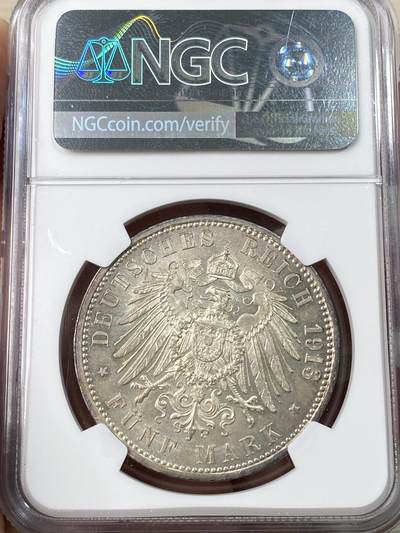 万国钱币拍卖第061期（马年首拍） NGC MS63 1913年德国巴登弗里德里希二世长翅流通5马克 原味淡彩极美 流通品种高分不易