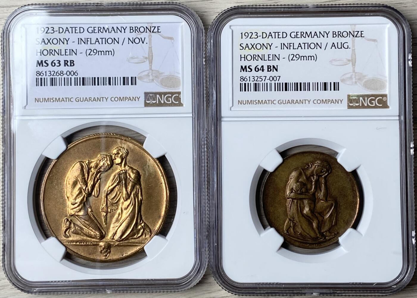 万国钱币拍卖第061期（马年首拍） NGC MS63～64 1923年德国萨克森紧急时期通货膨胀纪念铜章一组两枚 罕见德紧品种 由弗里德里希·威廉·霍恩莱因设计 穆尔登赫滕铸币厂造 背面是当时物价指数