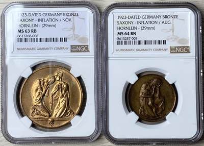 万国钱币拍卖第061期（马年首拍） - NGC MS63～64 1923年德国萨克森紧急时期通货膨胀纪念铜章一组两枚 罕见德紧品种 由弗里德里希·威廉·霍恩莱因设计 穆尔登赫滕铸币厂造 背面是当时物价指数