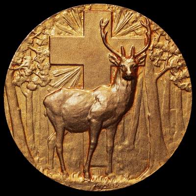 修遠堂世界钱币第105期，马年首拍 - 法国缅因 - 安茹 - 图赖讷犬业协会狩猎铜鎏金纪念章，49.88mm，51.31g