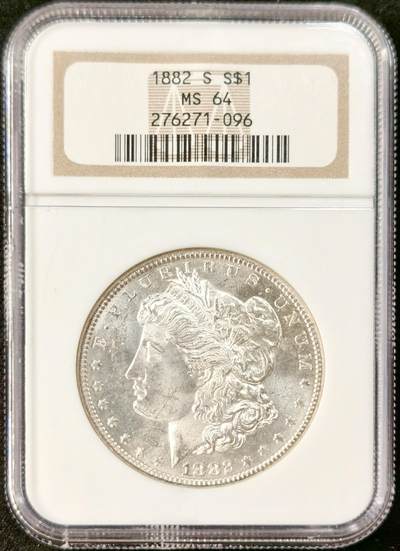 “福币呈祥”新年甄品场（直播拍卖）甄臻铺-世界币章拍卖（第50期），送拍享返佣金等优惠多多 - NGC-MS64 美国1882年S版摩根一元银币，老盒子严评