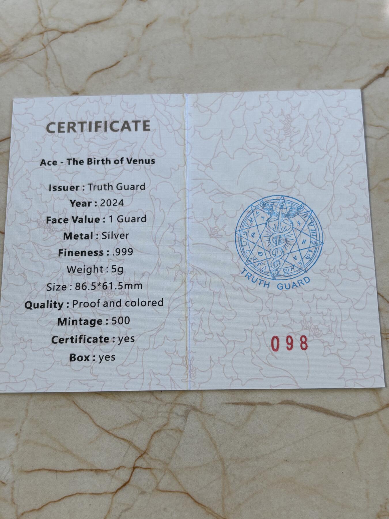 第191期拍卖 维纳斯的诞生-2024真理卫士精制银币红桃A，999银，首发龙头币，每张限量500，带证书