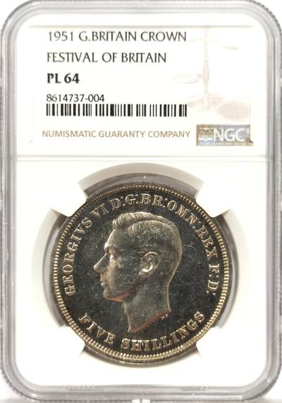 博洋堂蛇年收官专场暨第161期（全场包邮） - NGC PL64 英国1951年乔治六世马剑克朗 不列颠节主题，乔治六世本人渴望拥有的圣乔治屠龙设计主币，也是最后一版以流通币出现的马剑克朗。银价飞涨，镍马剑的性价比又出来了，个大顶饱，实际状态优于寻常64分。