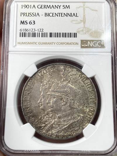 万国钱币拍卖第061期（马年首拍） - NGC MS63 1901年德国普鲁士建国200周年纪念长翅5马克 原味欧陆五彩环绕 普鲁士经典品种