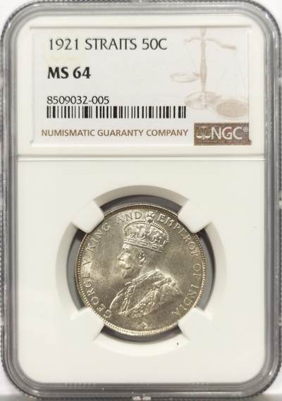 博洋堂蛇年收官专场暨第161期（全场包邮） - NGC MS64 海峡殖民地1921年乔治五世半圆银币