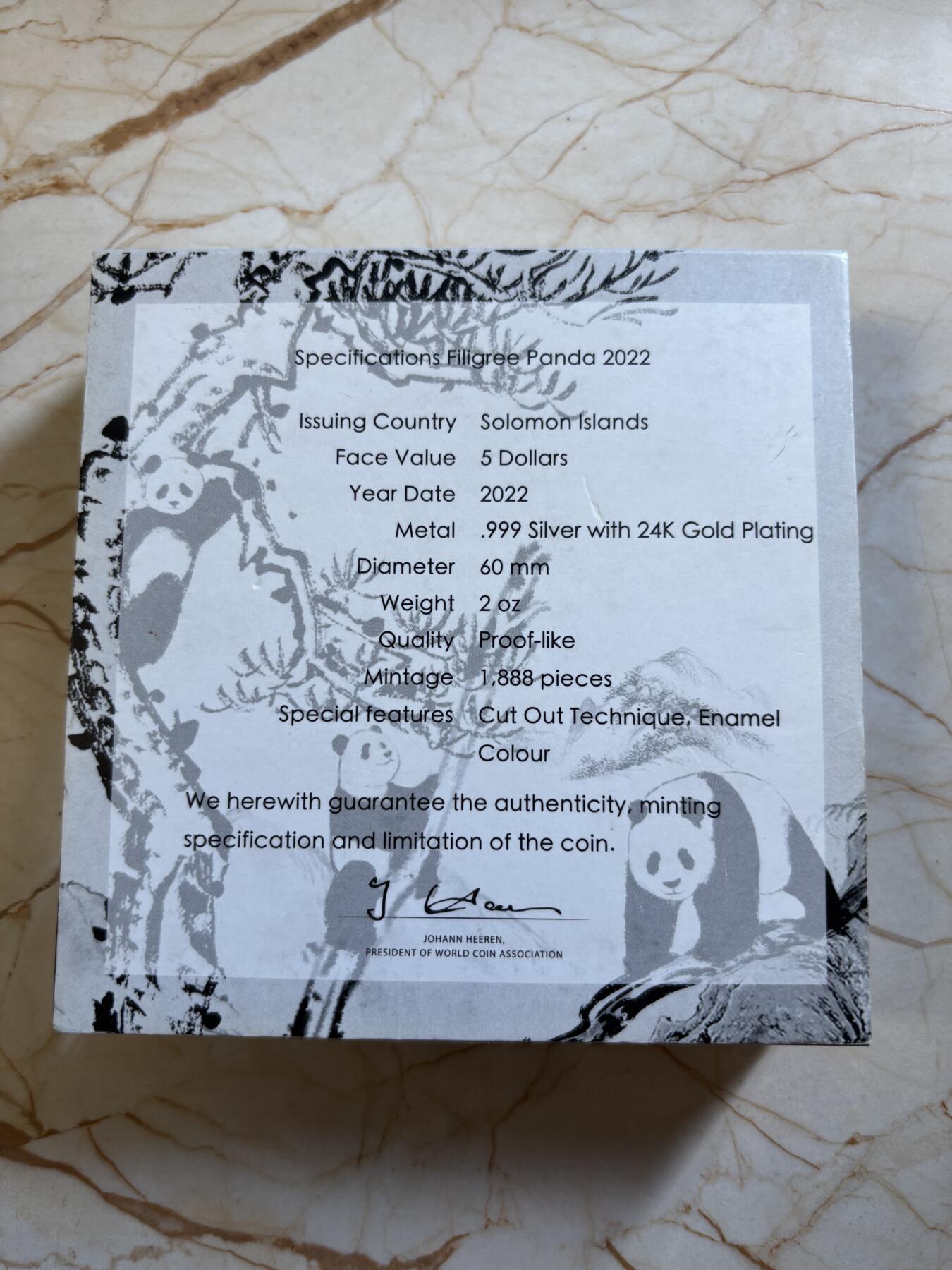 第191期拍卖 所罗门2022年中国熊猫币40周年镂空掐丝2盎司银币，999银镀金，发行1888枚