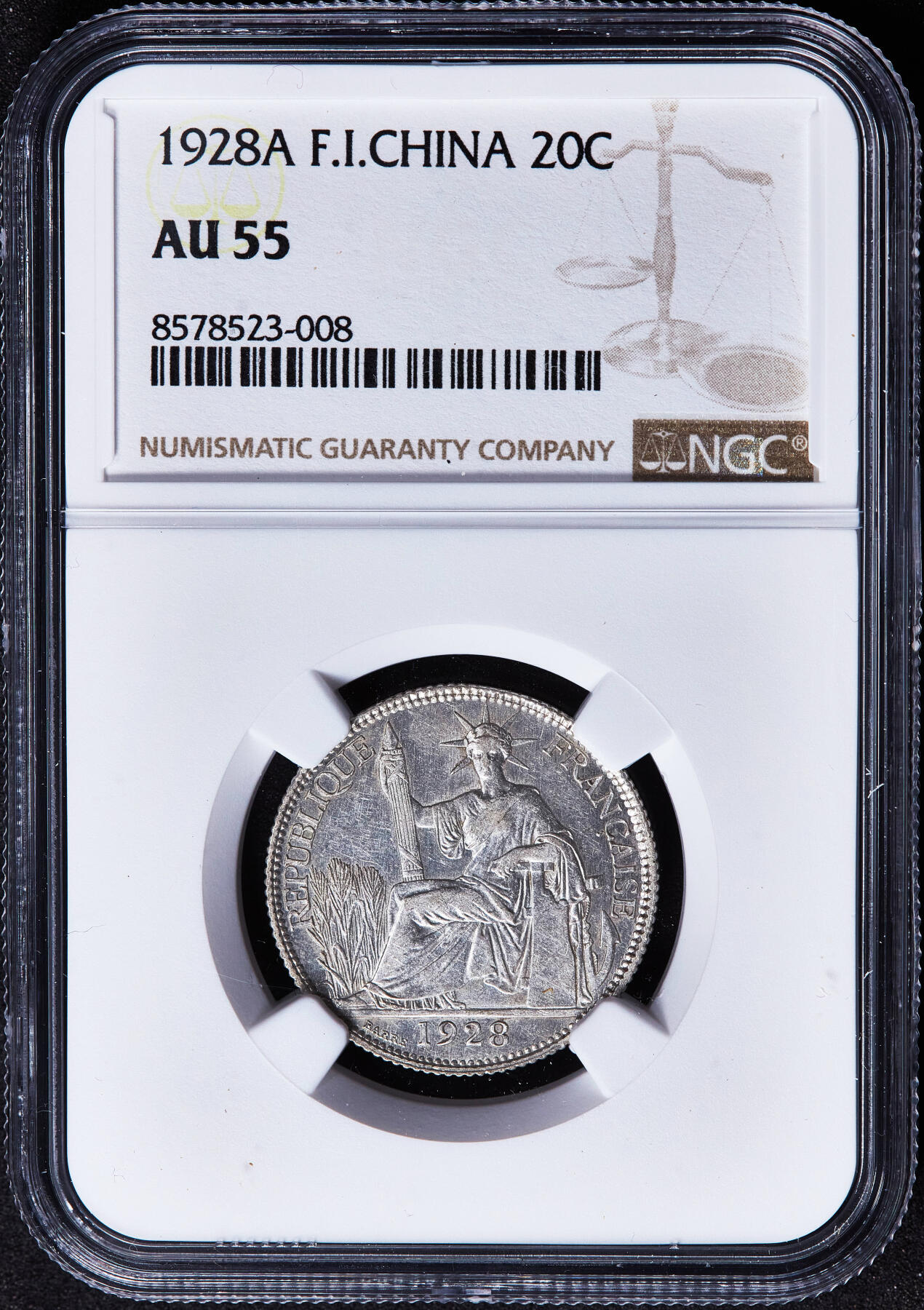 【俄甄集藏】马年新春第一拍 2026年(048)02-25星期三 晚 19:30 全场包邮 法属印度支那1928年坐洋20分银币，NGC AU55，少见年份，底光犹存