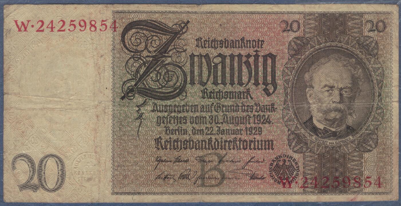 德国1929年20马克 P-181a 头像水印版 加盖字母B 实物图 八五品