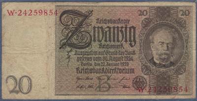 德国1929年20马克 P-181a 头像水印版 加盖字母B 实物图 八五品 - 德国1929年20马克 P-181a 头像水印版 加盖字母B 实物图 八五品