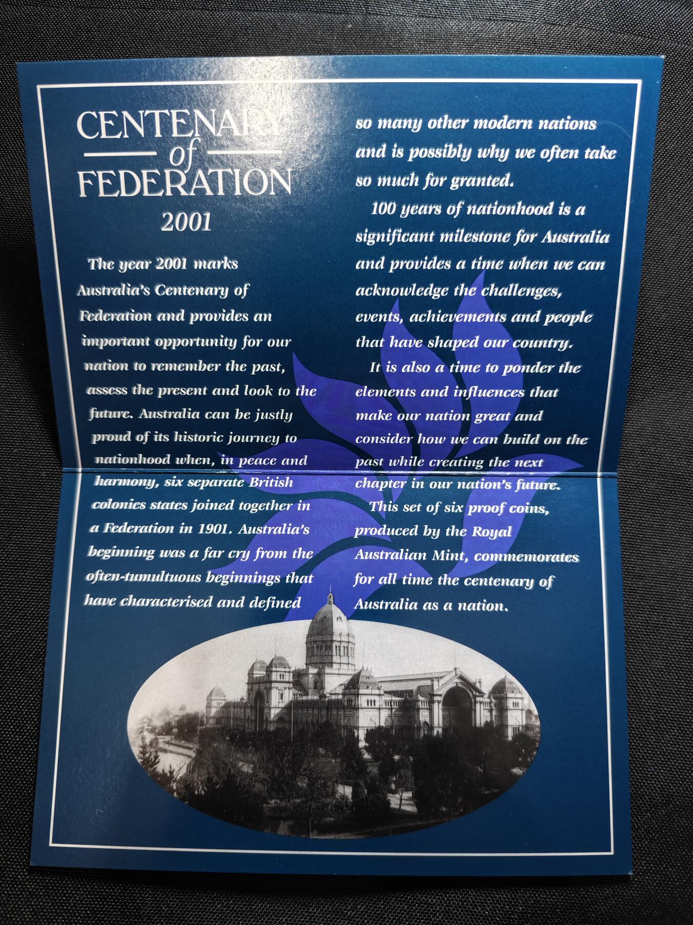 KK钱币收藏小铺  第400期  百期特拍（四拍之四）2月预留时间 周末发货  2001澳大利亚联邦成立一百周年精制套币 带50分/1元彩色纪念币 盒证齐全