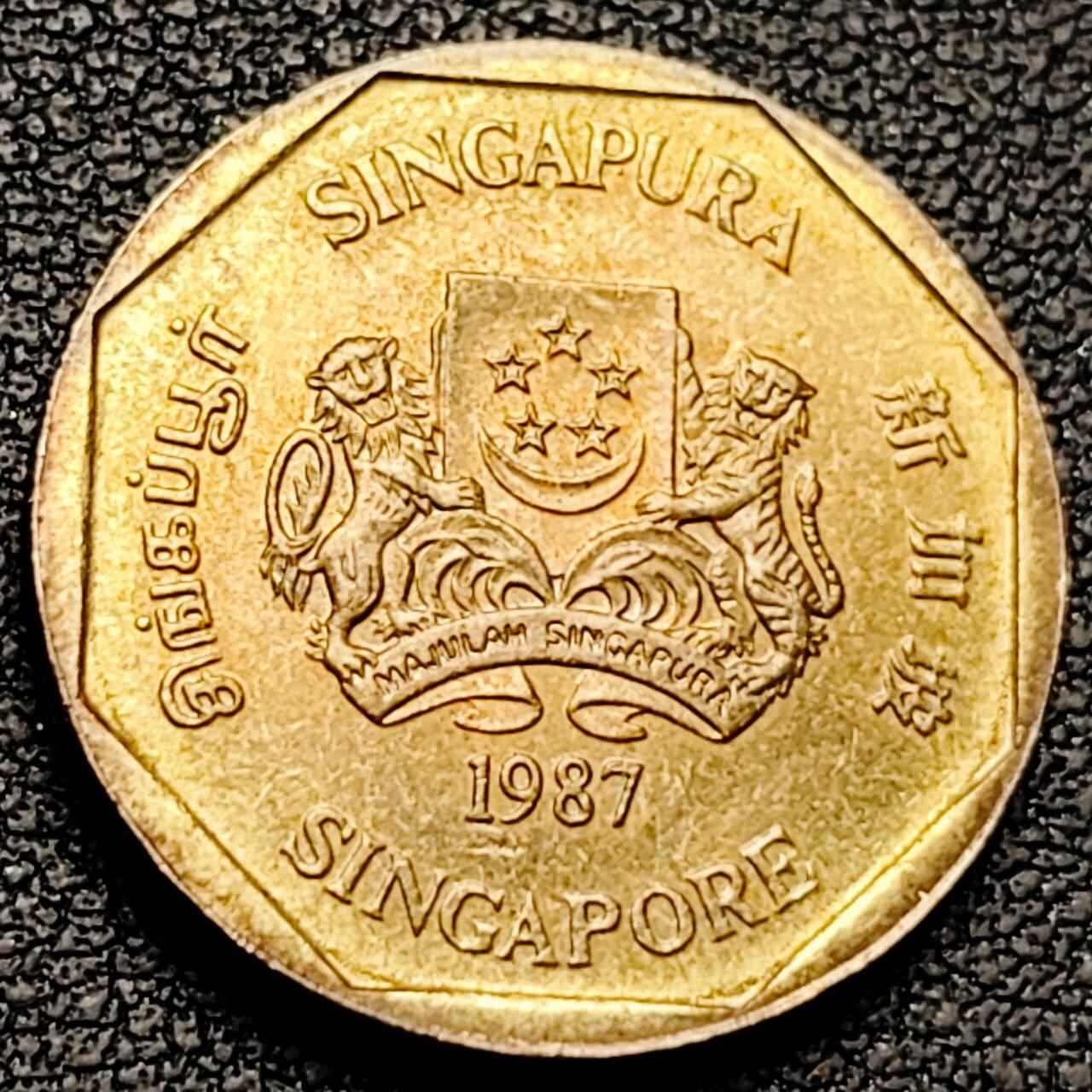 泉币菌-第192场- 除夕专场-新年快乐 本场拍品多 请提前出价（年后发货） 低盾卓锦 万代兰 胡姬花 兰花 1987年 新加坡1圆黄铜币 22mm6.3g