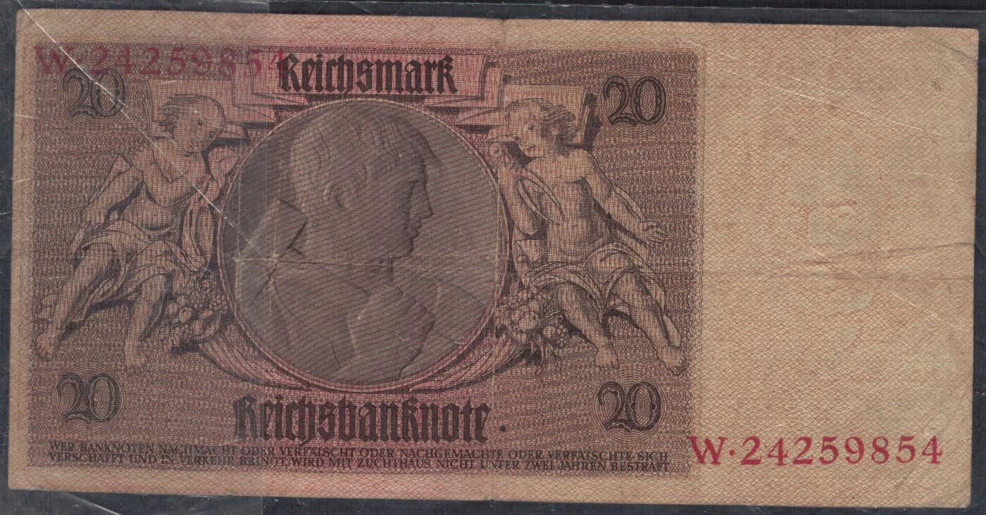 德国1929年20马克 P-181a 头像水印版 加盖字母B 实物图 八五品