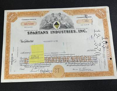 西秦中古拍卖第七十七期 2026马年新春专场 本场拍品年初九发出 - 美国1970年斯巴达工业公司股票 