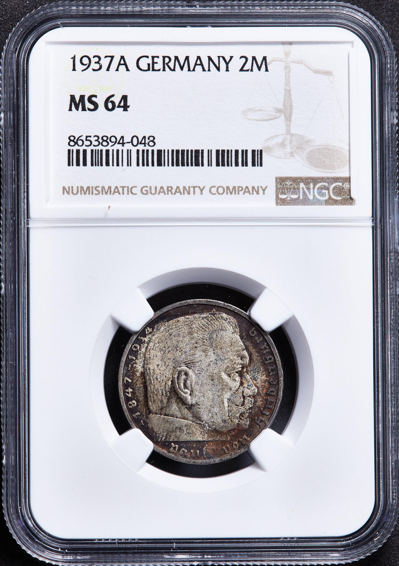 【俄甄集藏】马年新春第一拍 2026年(048)02-25星期三 晚 19:30 全场包邮 德国第三帝国1937年A版2马克银币，NGC MS64，五彩酱彩老包浆，原光品相，原图联系客服或至官网查询