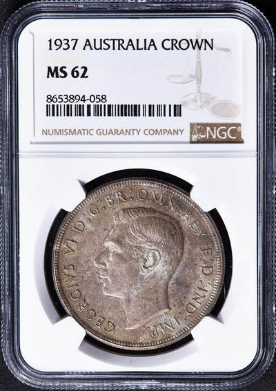 【俄甄集藏】马年新春第一拍 2026年(048)02-25星期三 晚 19:30 全场包邮 - 澳大利亚1937年乔治六世1克朗大银币，NGC MS62，黄油彩老包浆，原光品相
