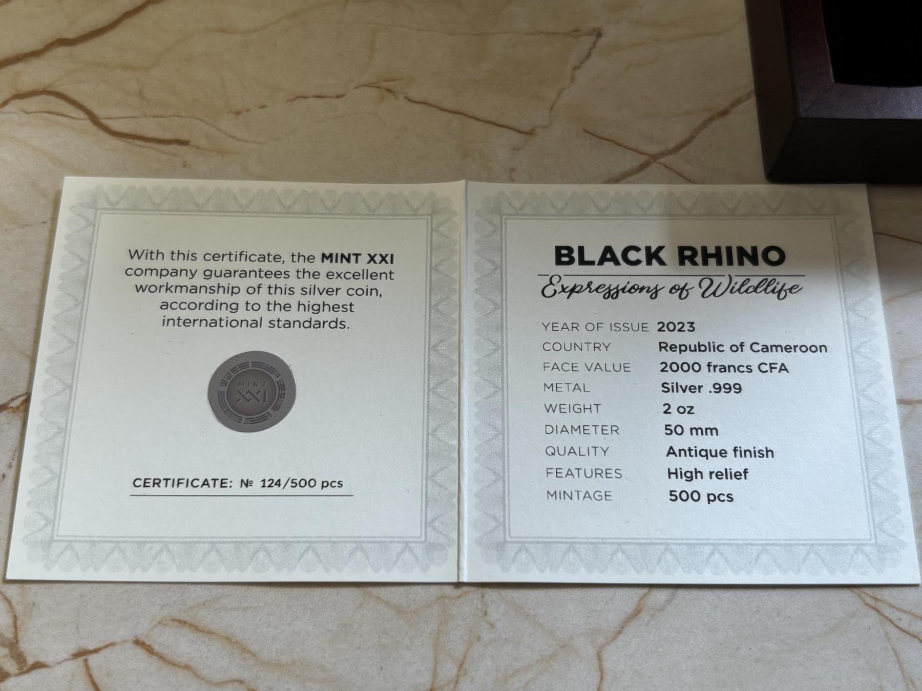 第191期拍卖 喀麦隆2023年野生动物表情系列4犀牛2盎司仿古银币，999银，发行500枚