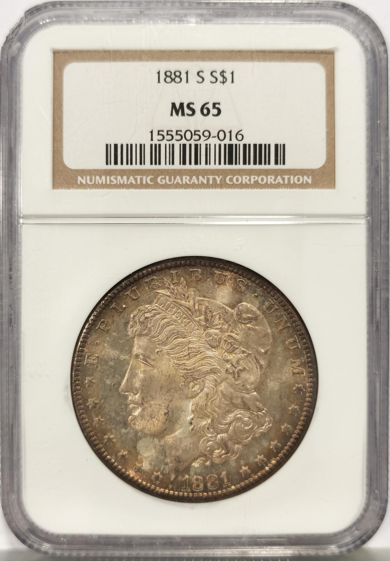 博洋堂世界钱币拍卖第162期（全场包邮） NGC MS65 美国1881 S 摩根 双面五彩包浆 老盒严评