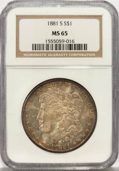 博洋堂世界钱币拍卖第162期（全场包邮） - NGC MS65 美国1881 S 摩根 双面五彩包浆 老盒严评
