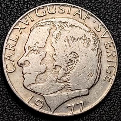 泉币菌-第188场- 迎情人节专场 本场拍品多 请提前出价（本周五和之前拍的 2月14日发货） - 瑞典1977年1克朗铜镍币，卡尔十六世 古斯塔夫，25mm