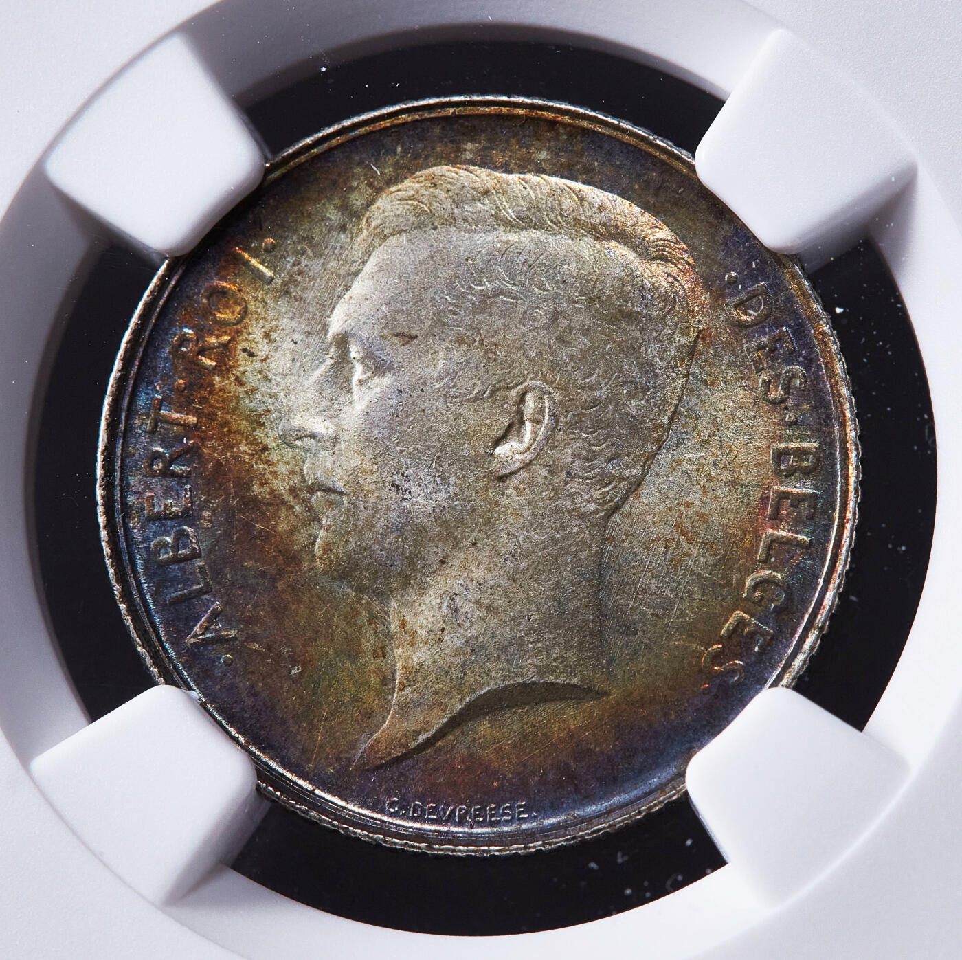 【俄甄集藏】马年新春第一拍 2026年(048)02-25星期三 晚 19:30 全场包邮 比利时1910年阿尔贝一世法语版1法郎银币，NGC MS64，五彩酱彩老包浆，原光品相