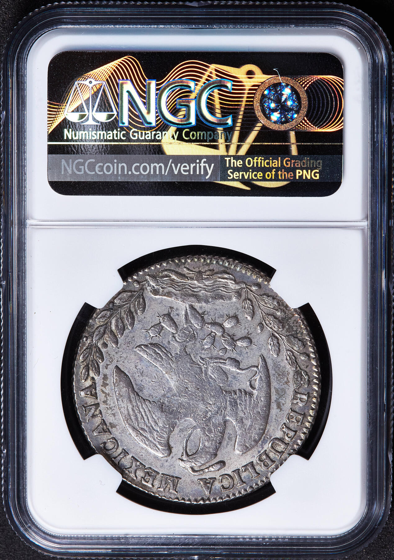 【俄甄集藏】马年新春第一拍 2026年(048)02-25星期三 晚 19:30 全场包邮 墨西哥1863年Pi RO版8里亚尔鹰洋大银币，NGC AU55，少见中期版，原味老包浆，底光犹存