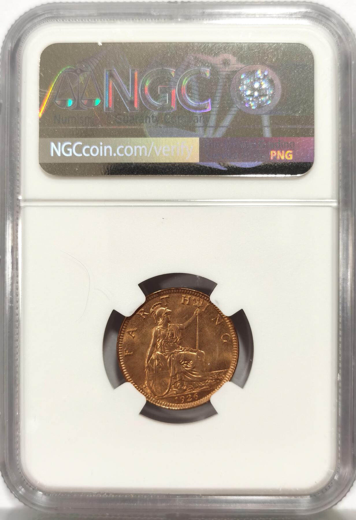 博洋堂世界钱币拍卖第162期（全场包邮） NGC MS65RB 英国1926年乔治五世国王1法新，1/4便士铜币。第三版头像 相较前两版对于细节的营造更为清晰，整体更加工整。高分难得，但是实际状态严评送pc大概率给red的品相，分数或可更高。