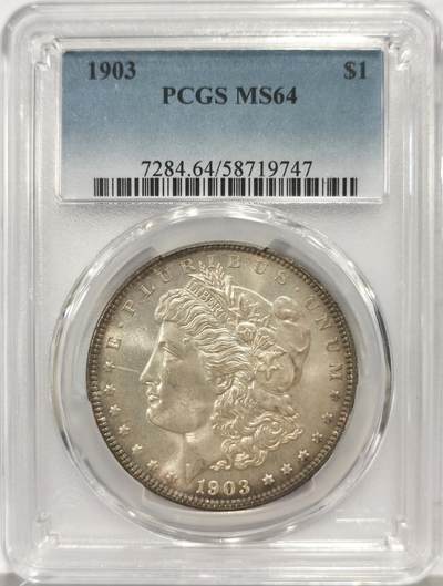 博洋堂蛇年收官专场暨第161期（全场包邮） - PCGS MS64 美国1903 摩根 稀有年份版别 双面环状五彩包浆 低评 打制深俊 底板完美 背面卡槽有一磕