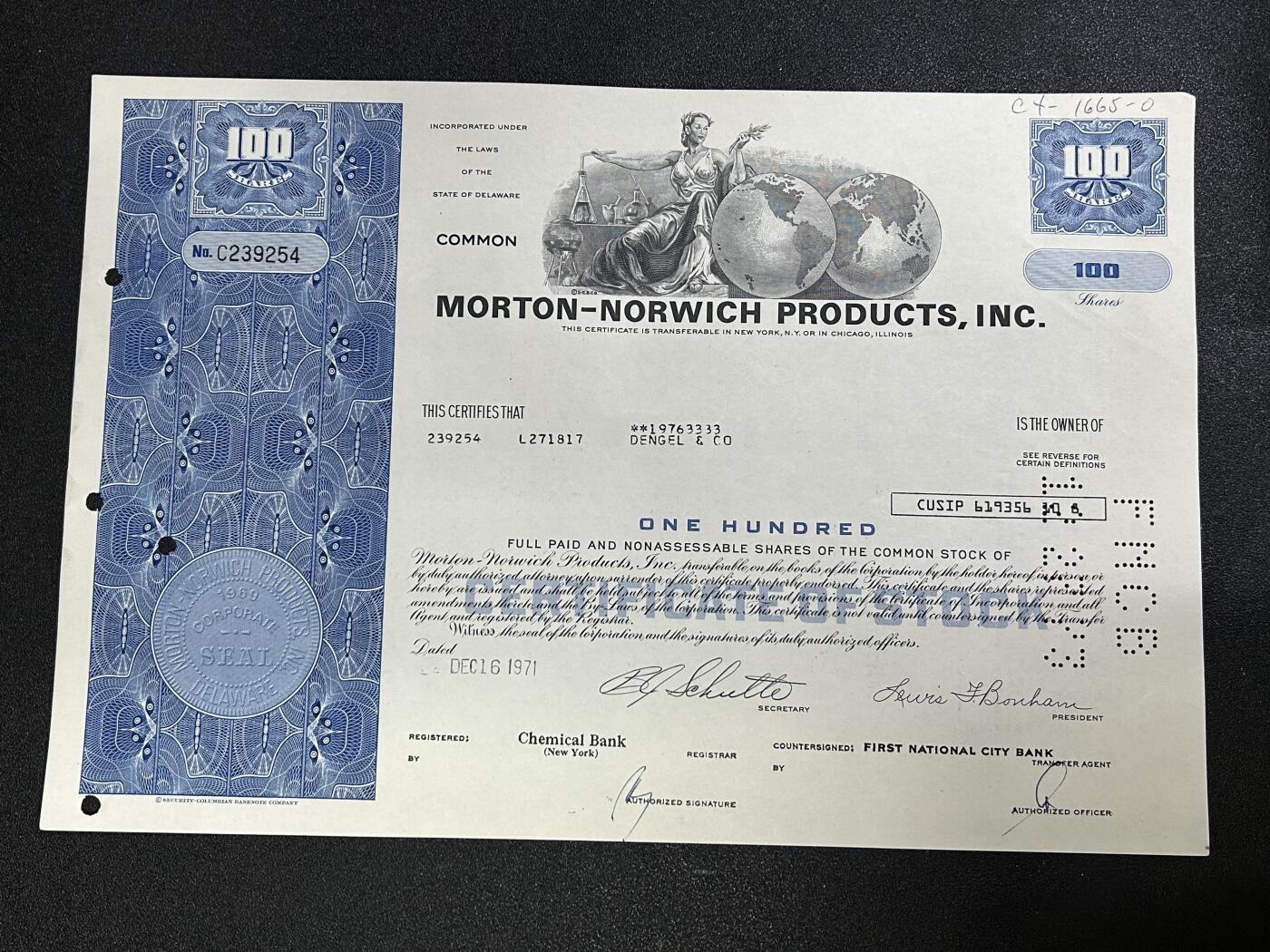 西秦中古拍卖第七十七期 2026马年新春专场 本场拍品年初九发出 美国1971年莫顿诺维奇产品公司股票