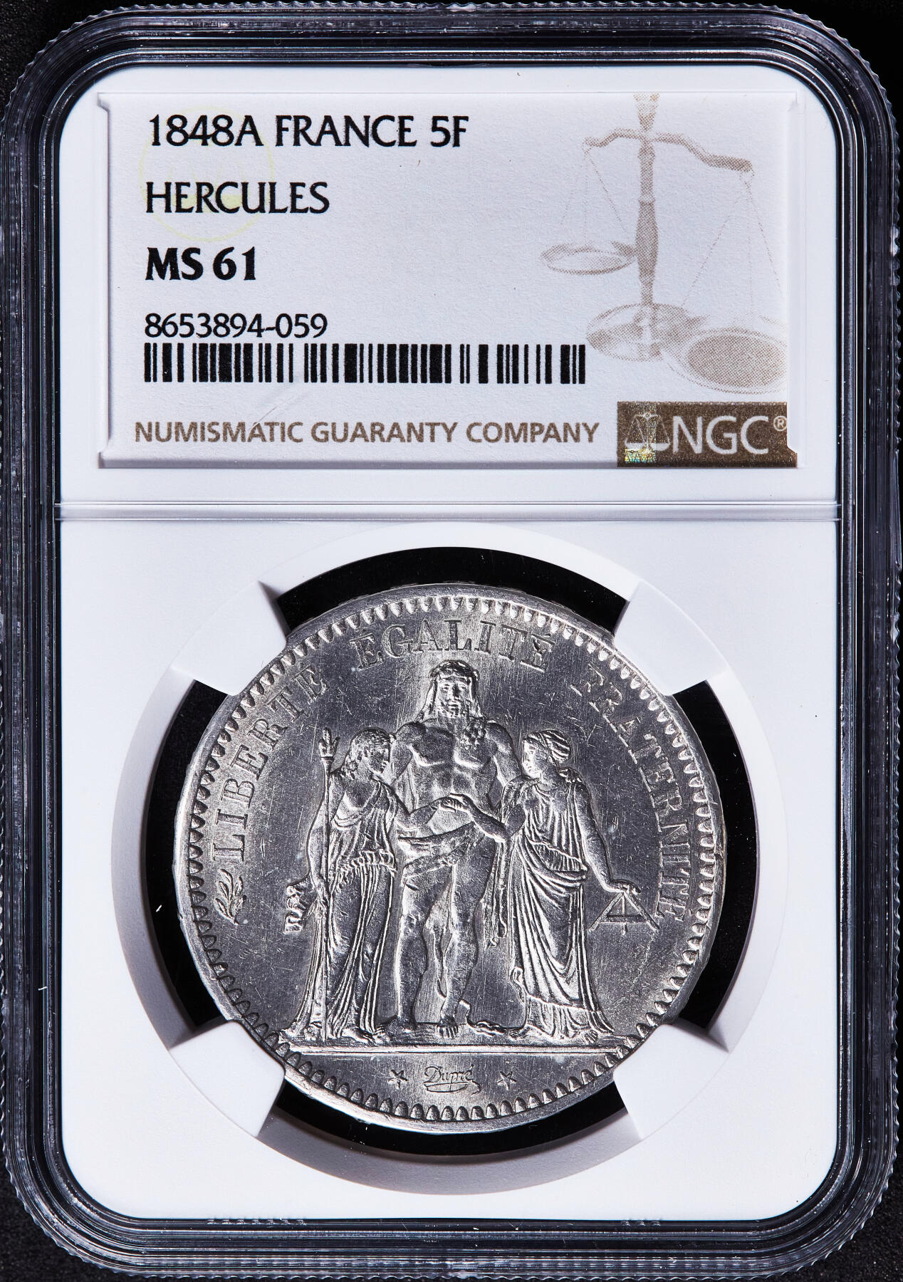 【俄甄集藏】马年新春第一拍 2026年(048)02-25星期三 晚 19:30 全场包邮 法国第二共和国1848年A版大力神5法郎大银币，NGC MS61，转光品相，第二共和国大力神好品稀少