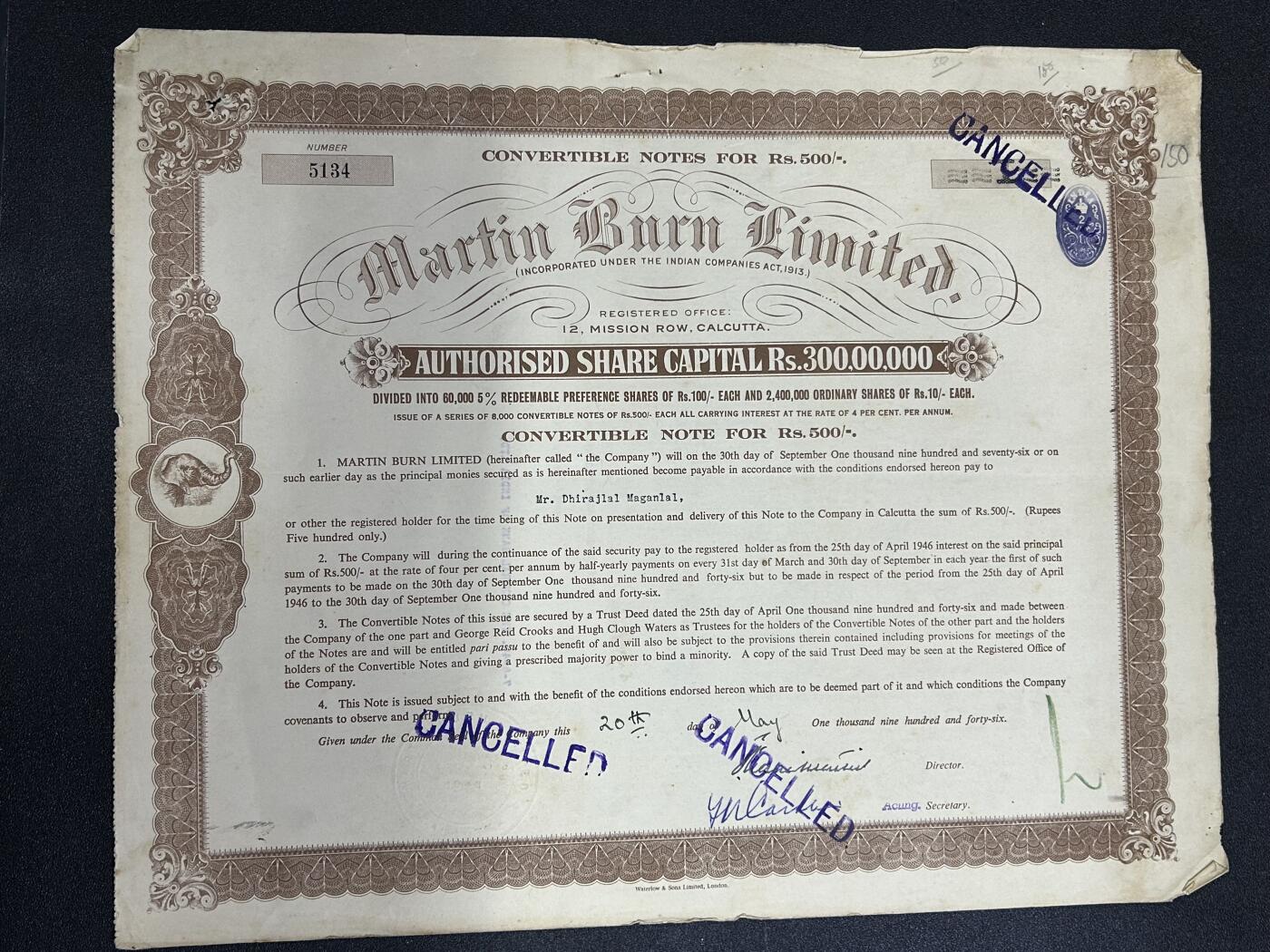 西秦中古拍卖第七十七期 2026马年新春专场 本场拍品年初九发出 英属印度1913年 印度央行持有 500卢比股票 马丁伯恩公司股票