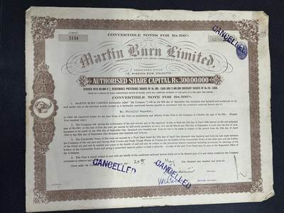 西秦中古拍卖第七十七期 2026马年新春专场 本场拍品年初九发出 - 英属印度1913年 印度央行持有 500卢比股票 马丁伯恩公司股票