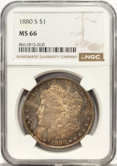 博洋堂世界钱币拍卖第162期（全场包邮） - NGC MS66 美国1880 S 摩根 双面五彩包浆 底板类镜面 银霜感十足