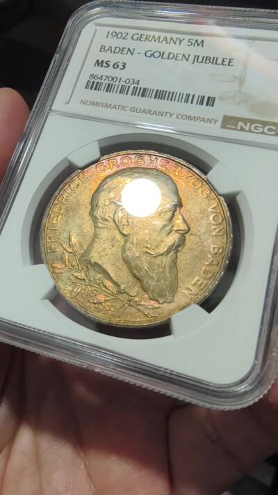 修遠堂世界钱币第105期，马年首拍 NGC MS63  1902年巴登大公国弗里德里希一世登基50周年5马克大银币，黄油彩