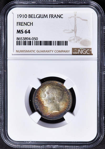 【俄甄集藏】马年新春第一拍 2026年(048)02-25星期三 晚 19:30 全场包邮 - 比利时1910年阿尔贝一世法语版1法郎银币，NGC MS64，五彩酱彩老包浆，原光品相