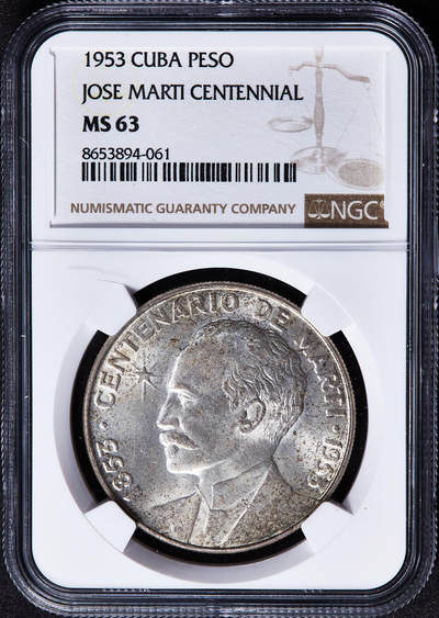 【俄甄集藏】马年新春第一拍 2026年(048)02-25星期三 晚 19:30 全场包邮 - 古巴1953年纪念诗人何塞·马蒂诞辰百年1比索大银币，NGC MS63，黄油彩转光品相，经典品种