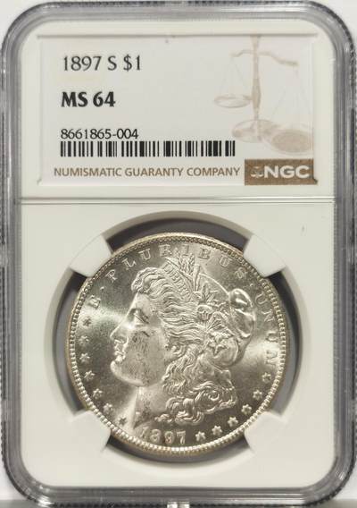 博洋堂蛇年收官专场暨第161期（全场包邮） - NGC MS64 美国1897 S 摩根 麦稀奇首见高分稀有品种 此年分钱币大多充分流通 如此高分实属难得 品相严重低评 丝绸底板 鹰面覆盖老包浆
