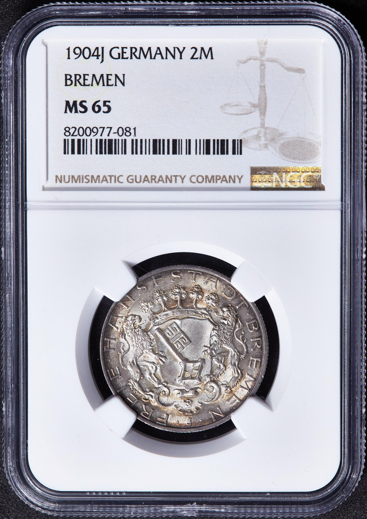 【俄甄集藏】马年新春第一拍 2026年(048)02-25星期三 晚 19:30 全场包邮 德国不莱梅1904年J版2马克银币，NGC MS65，黄油环彩包浆，转光品相