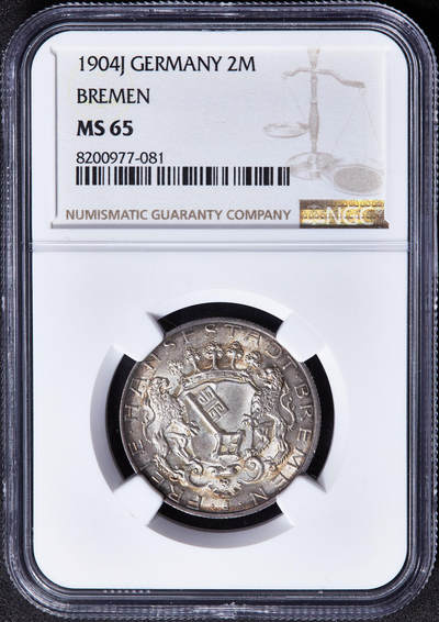 【俄甄集藏】马年新春第一拍 2026年(048)02-25星期三 晚 19:30 全场包邮 - 德国不莱梅1904年J版2马克银币，NGC MS65，黄油环彩包浆，转光品相