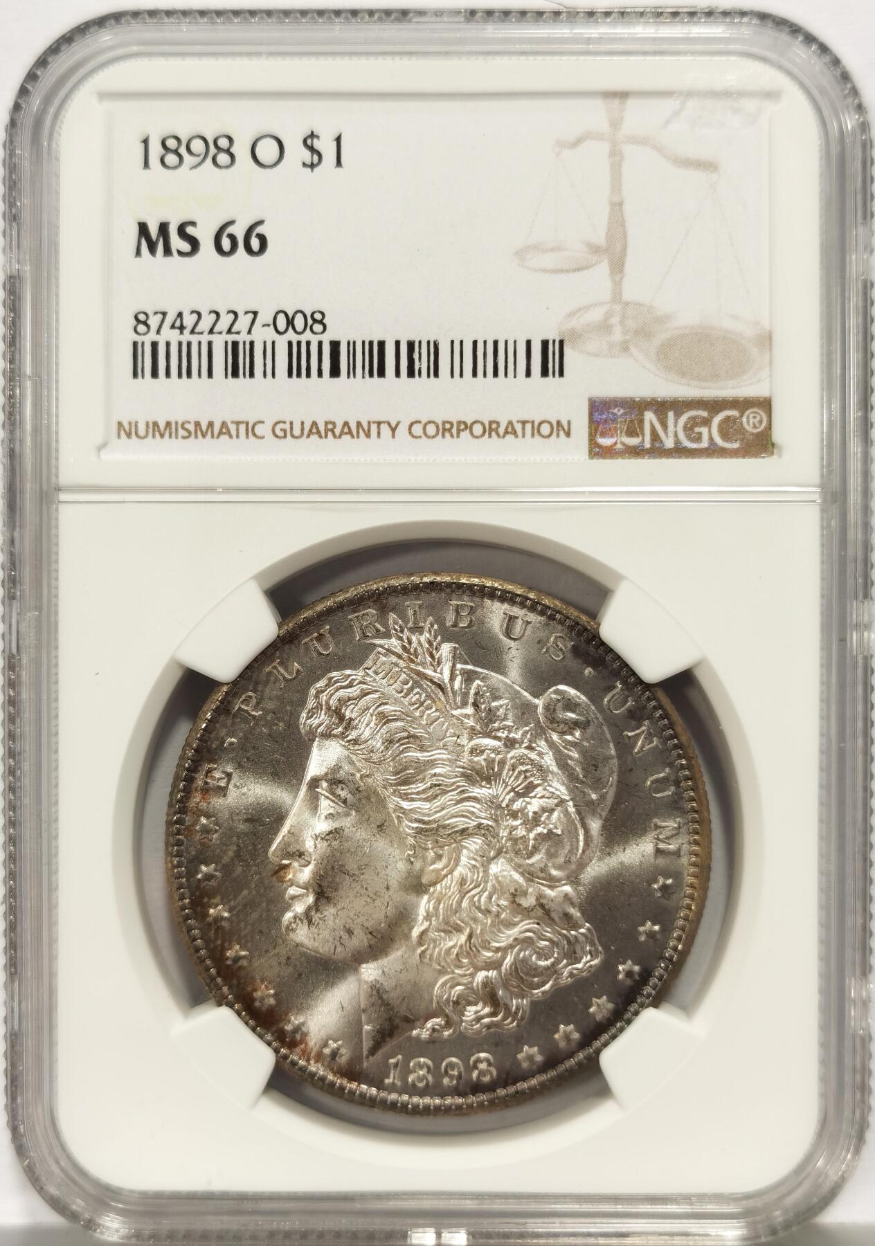 博洋堂世界钱币拍卖第162期（全场包邮） NGC MS66 美国1898 O 摩根 双面环状老包浆 转光犀利 底板完美