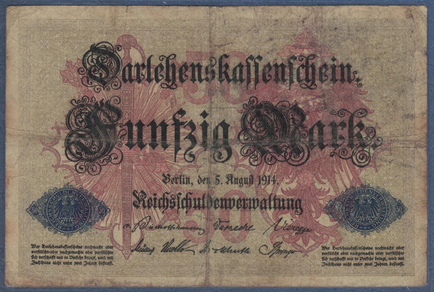 德国1914年50马克 战争贷款金库券 P-49b 七位号码 无4 品相如图