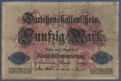 德国1914年50马克 战争贷款金库券 P-49b 七位号码 无4 品相如图 - 德国1914年50马克 战争贷款金库券 P-49b 七位号码 无4 品相如图