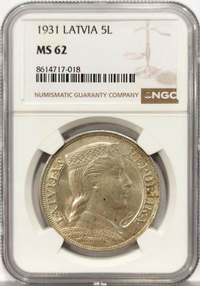 博洋堂世界钱币拍卖第162期（全场包邮） - NGC MS62 拉脱维亚1931年谷物女神5拉特大银币，带漂亮淡黄油包浆，转光十足。