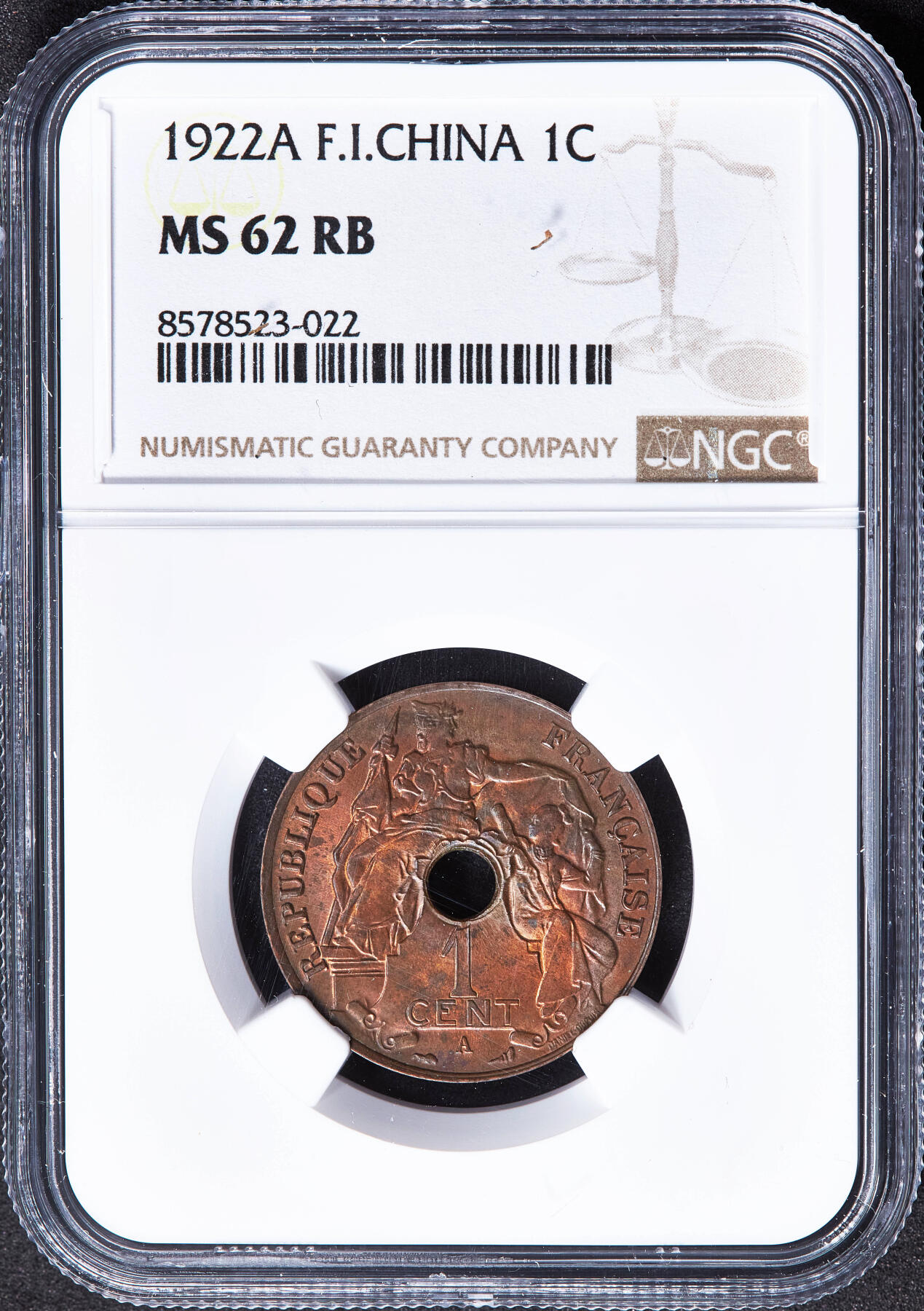 【俄甄集藏】马年新春第一拍 2026年(048)02-25星期三 晚 19:30 全场包邮 法属印度支那1922年A版中孔1分铜币，NGC MS62RB，少见年份，原光品相
