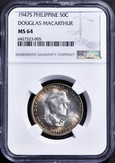【俄甄集藏】马年新春第一拍 2026年(048)02-25星期三 晚 19:30 全场包邮 - 菲律宾1947年S版麦克阿瑟将军50分银币，NGC MS64，五彩环彩，车轮转光，经典品种