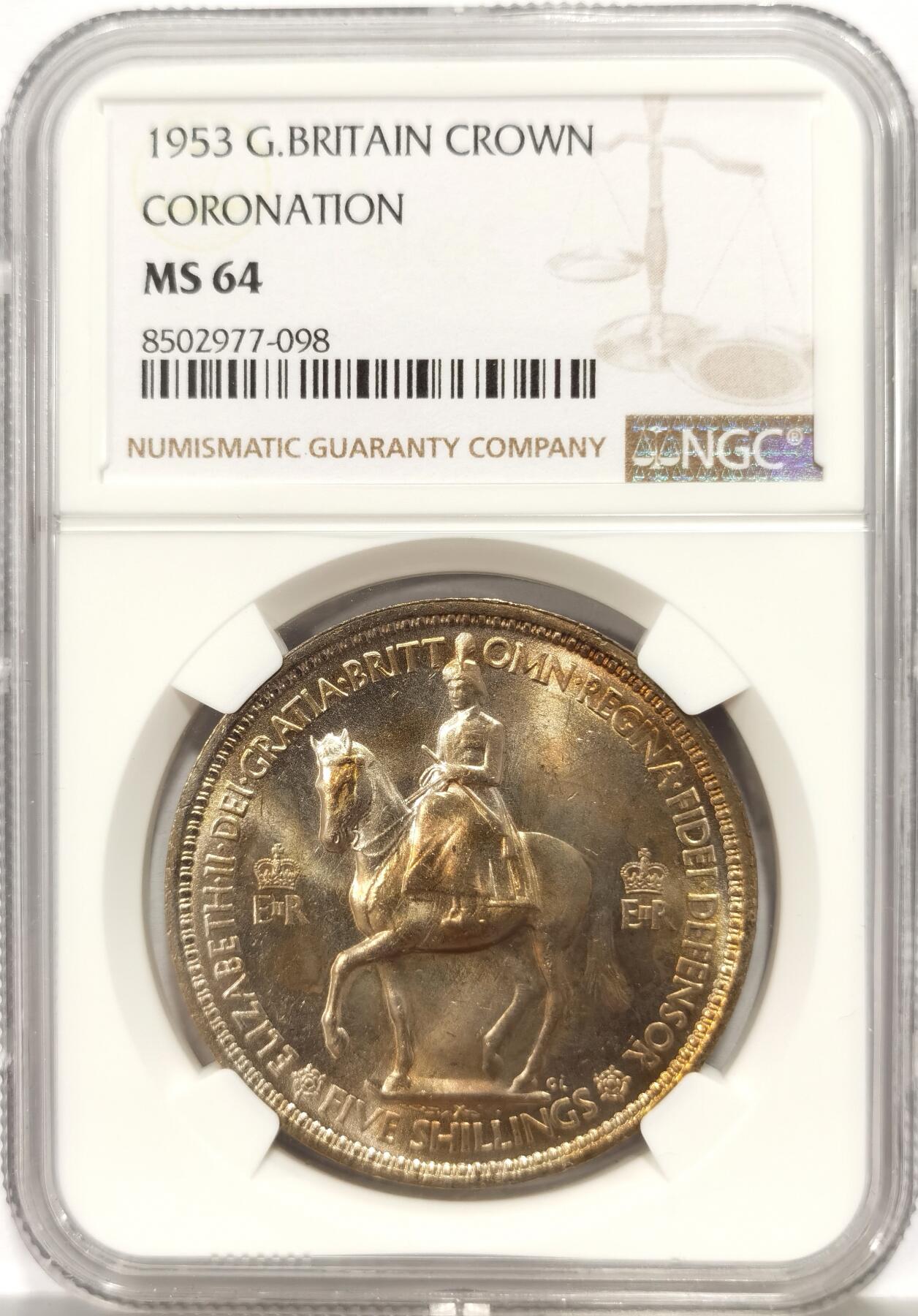 博洋堂世界钱币拍卖第162期（全场包邮） NGC MS64 英国1953年伊丽莎白二世登基纪念克朗，带彩少见
