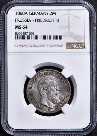 【俄甄集藏】马年新春第一拍 2026年(048)02-25星期三 晚 19:30 全场包邮 - 德国普鲁士1888年A版三皇之年弗里德里希三世2马克短翅鹰银币，NGC MS64，黄油彩老包浆，转光品相，名誉品种