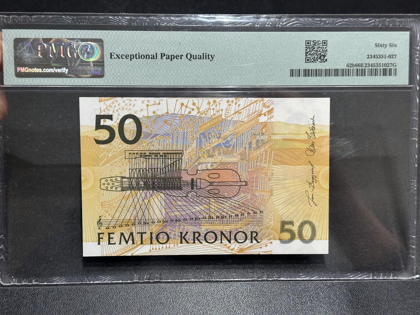 《外钞收藏家》第六百一十一期（农历新年第一场/快递恢复正常再发货）（长期征集拍品、欢迎藏友们联系合作） 2003年瑞典50克朗 夜莺珍妮林德 初版无防伪条版本 PMG66分