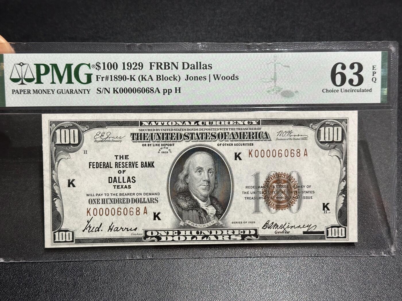 《外钞收藏家》第六百一十一期（农历新年第一场/快递恢复正常再发货）（长期征集拍品、欢迎藏友们联系合作） 1929年美国100美元 橙色库印 PMG63E 圆圆号 千位号6068