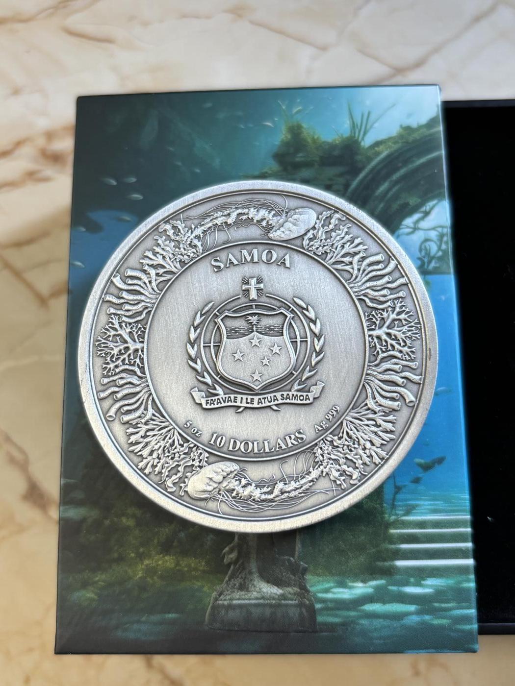 第191期拍卖 萨摩亚2025年亚特兰蒂斯仿古镀金5盎司纪念银币机关币，999银+铜镍合金，5盎司银+110克铜镍，发行249枚